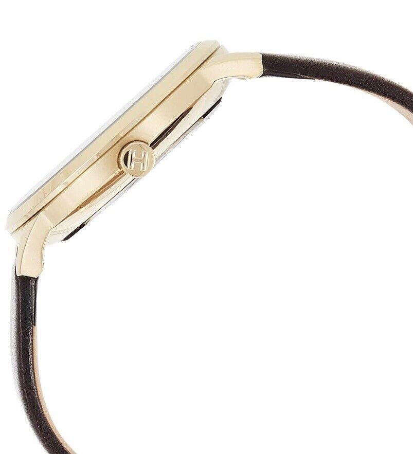 Tommy Hilfiger 1791607 watch side profile showing gold case and brown leather strap detail