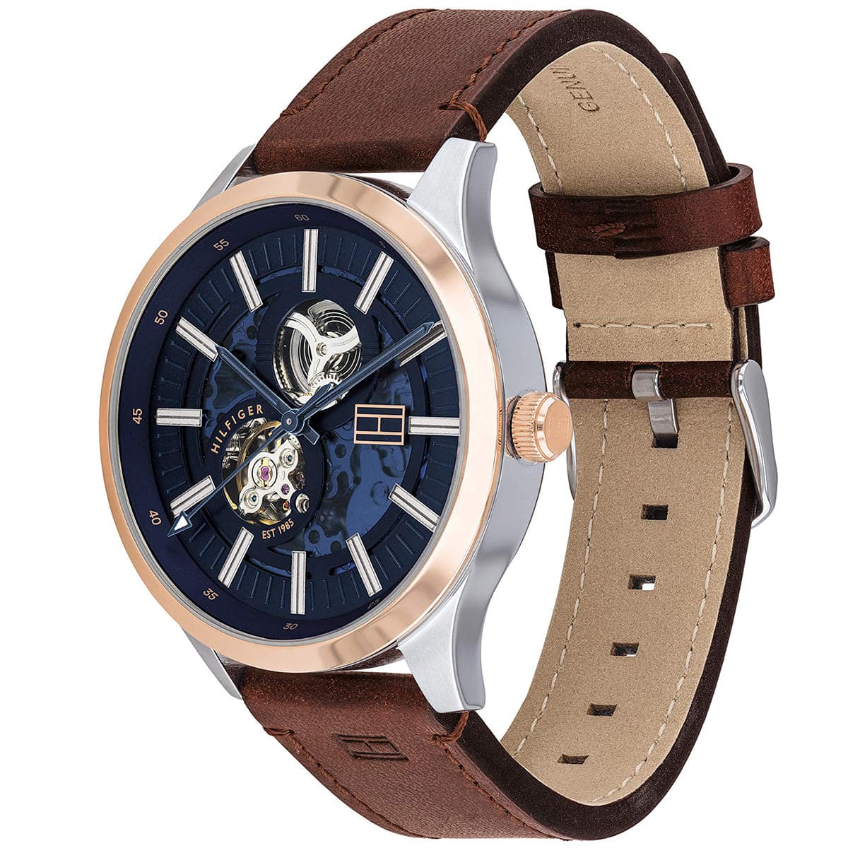 Side angle view of Tommy Hilfiger Spencer watch showing blue dial and brown leather strap
