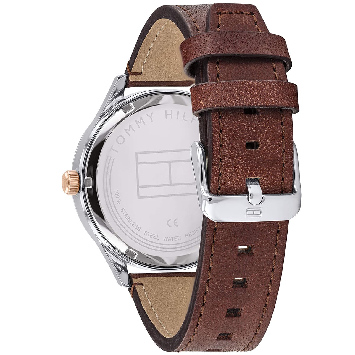 Caseback of Tommy Hilfiger Spencer watch showing automatic movement and water resistance