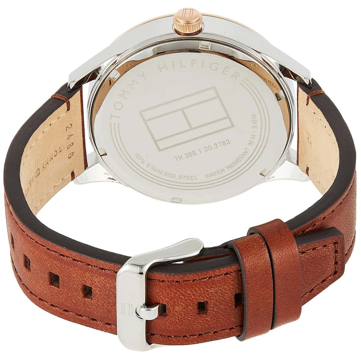 Rear view of Tommy Hilfiger Spencer watch with brown leather strap and clasp visible