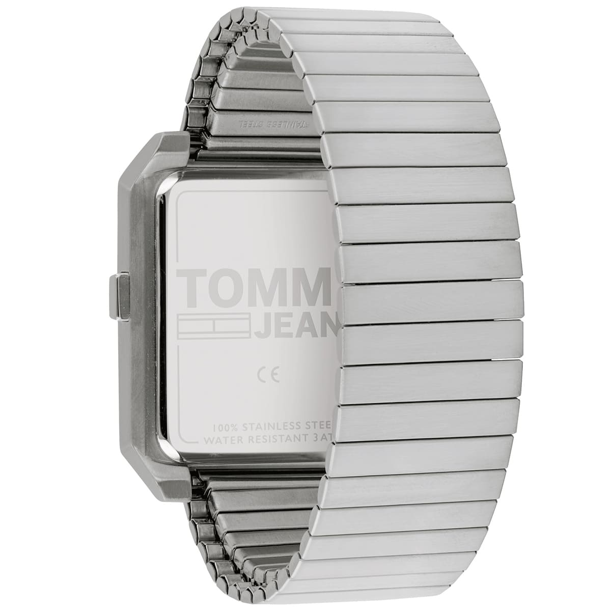 Tommy Hilfiger Jeans watch back view showing stainless steel case and bracelet