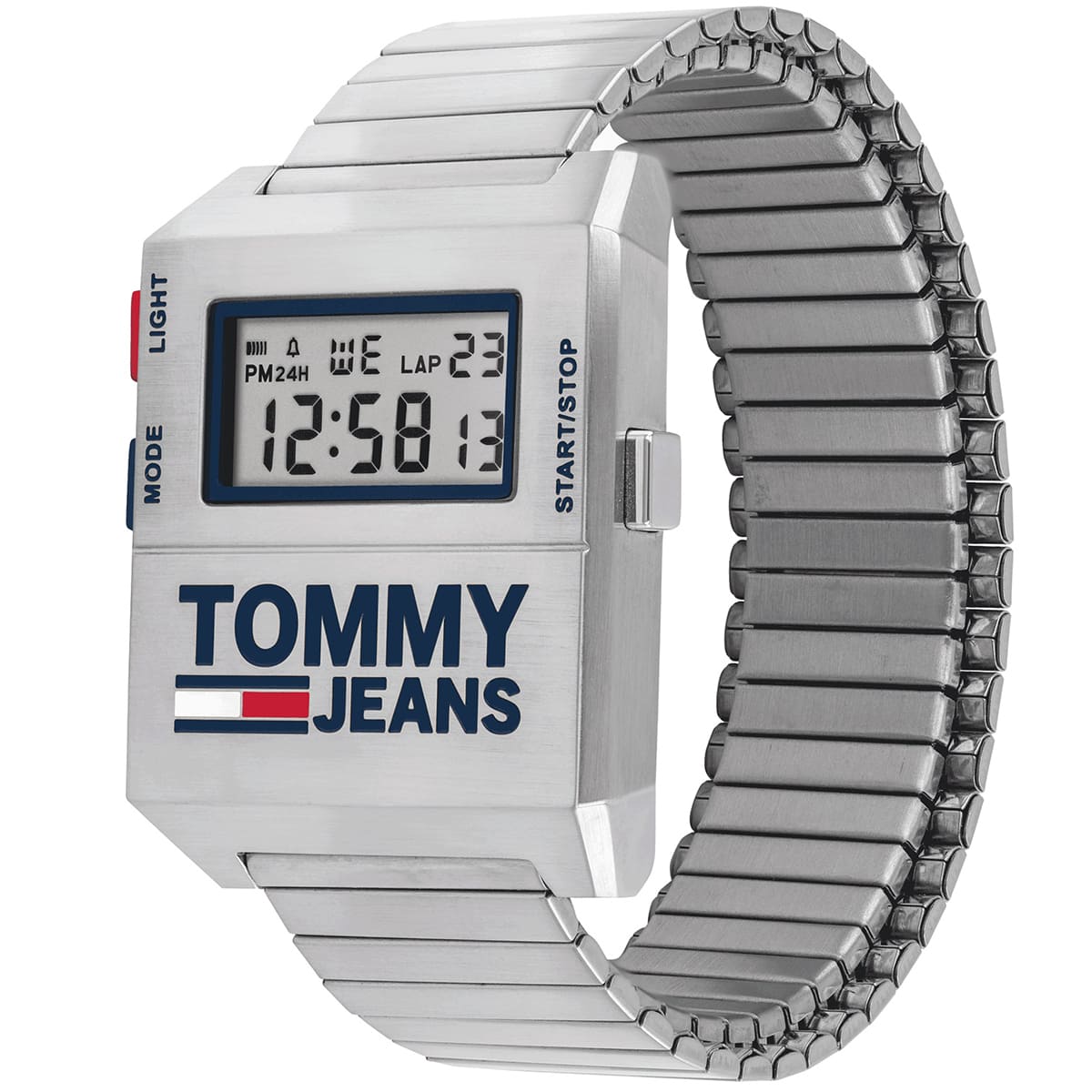 Tommy Hilfiger Jeans digital watch side view with steel metal bracelet