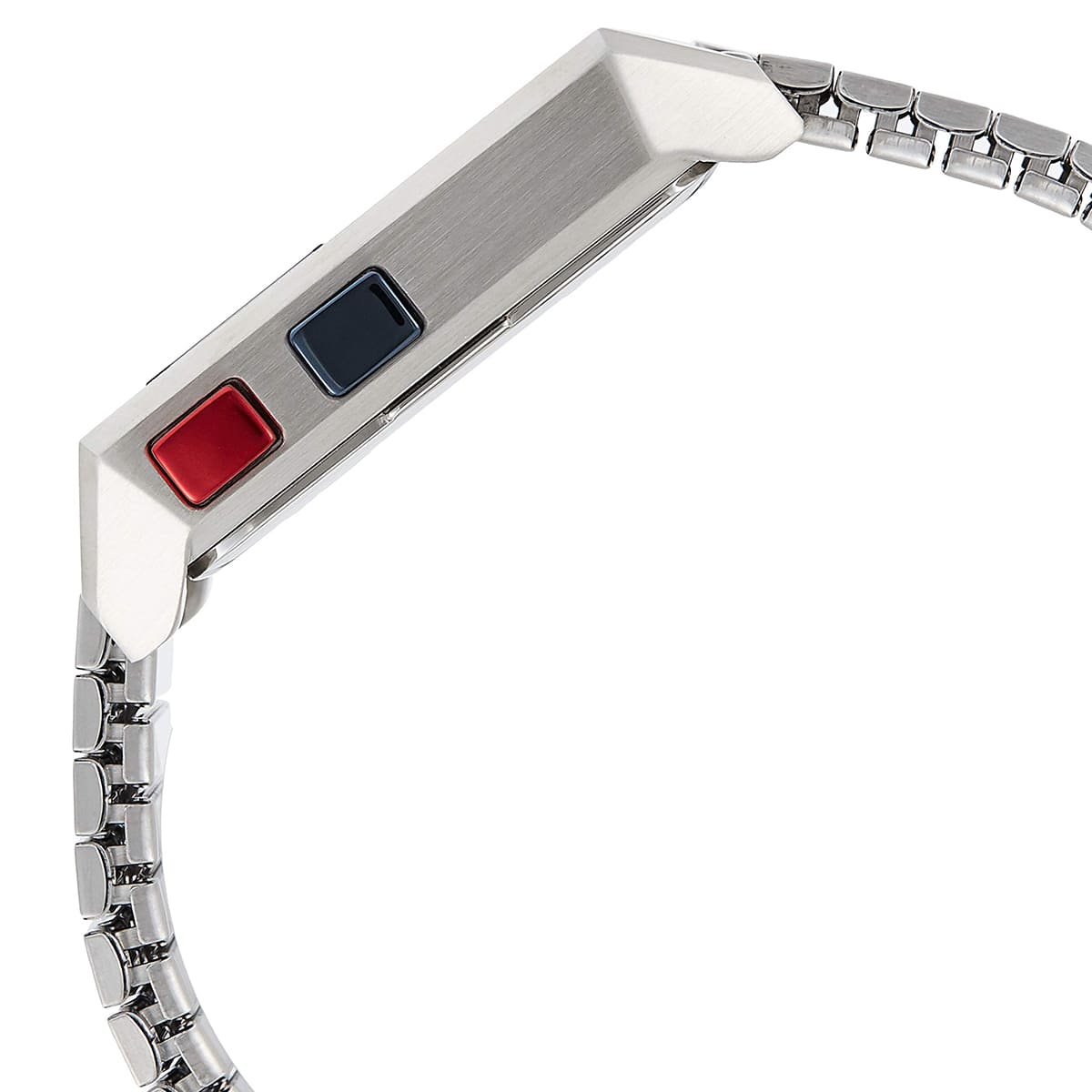 Tommy Hilfiger Jeans digital watch showing red and blue push buttons on case side