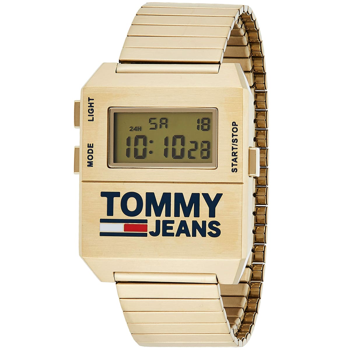 Tommy Hilfiger gold digital watch worn on wrist showing LCD display and TOMMY JEANS logo