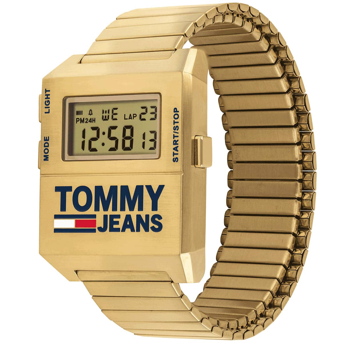 Tommy Hilfiger gold square watch angled view with metal strap and digital display