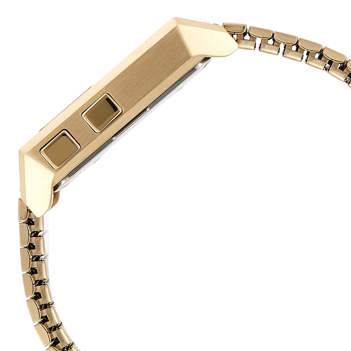Tommy Hilfiger gold watch strap detail showing articulated metal links and side buttons