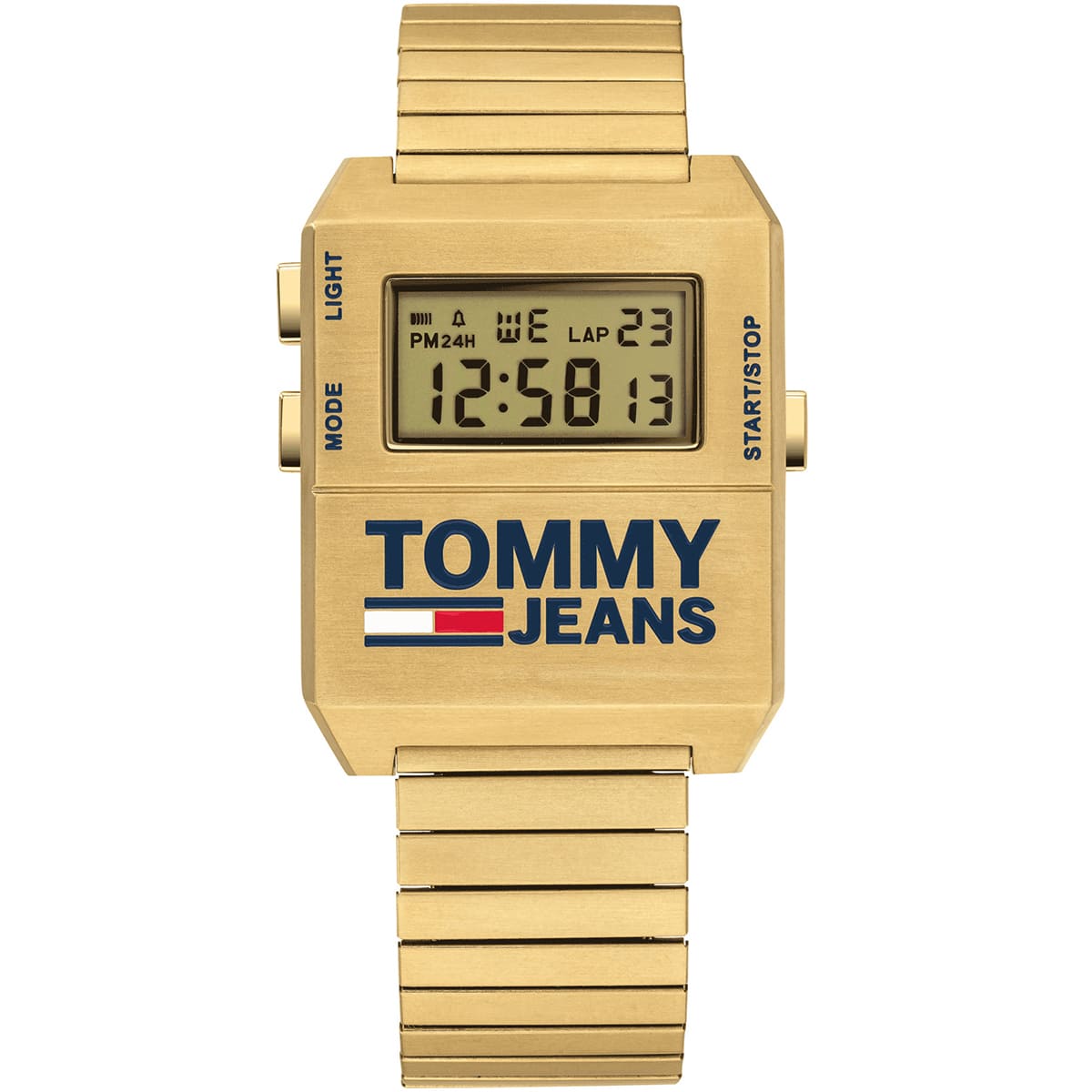 Tommy Hilfiger digital chronograph watch with gold-tone square case, LCD dial, and gold metal strap