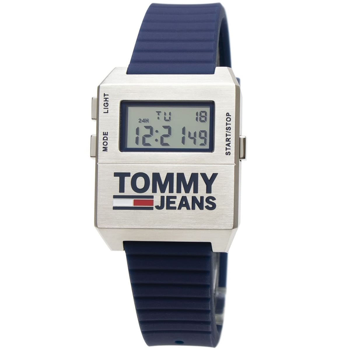 Tommy Hilfiger Jeans watch angled view showing white case and navy strap