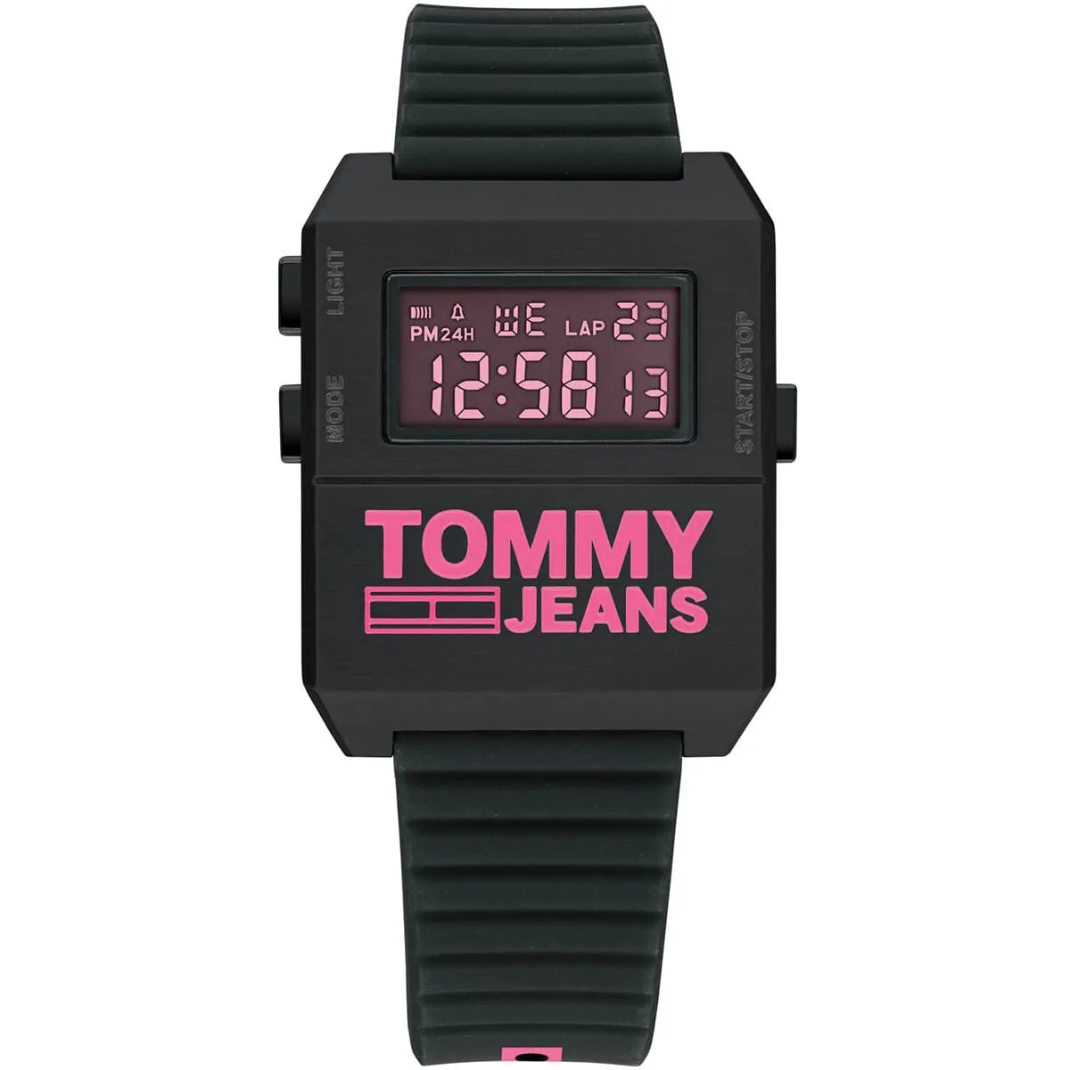 Tommy Hilfiger Jeans digital chronograph watch with black square case and rubber strap
