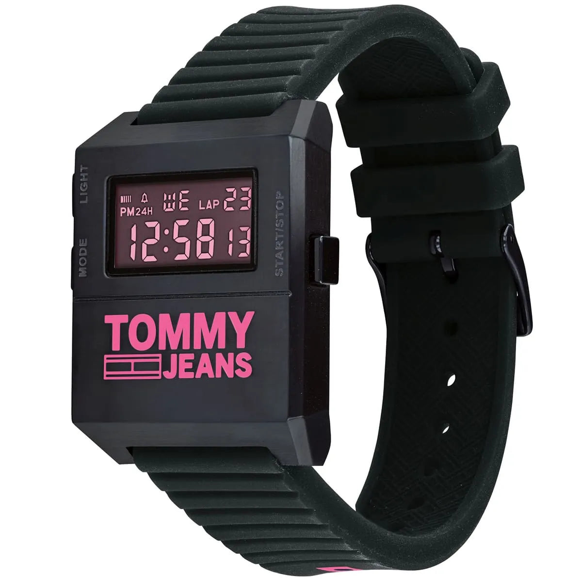 Side view of Tommy Hilfiger Jeans digital watch with black and pink rubber strap