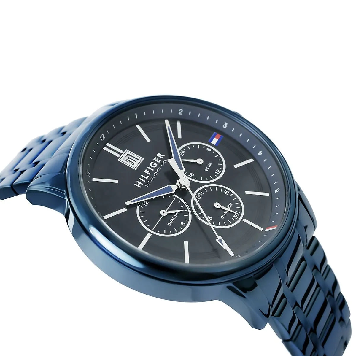 Tommy Hilfiger Kyle watch angled view showing blue chronograph dial and metal bracelet