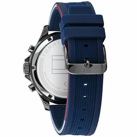 Tommy Hilfiger 1791721 watch caseback view showing blue rubber strap and crown