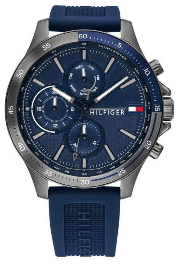Tommy Hilfiger 1791721 chronograph watch with blue dial and blue rubber strap