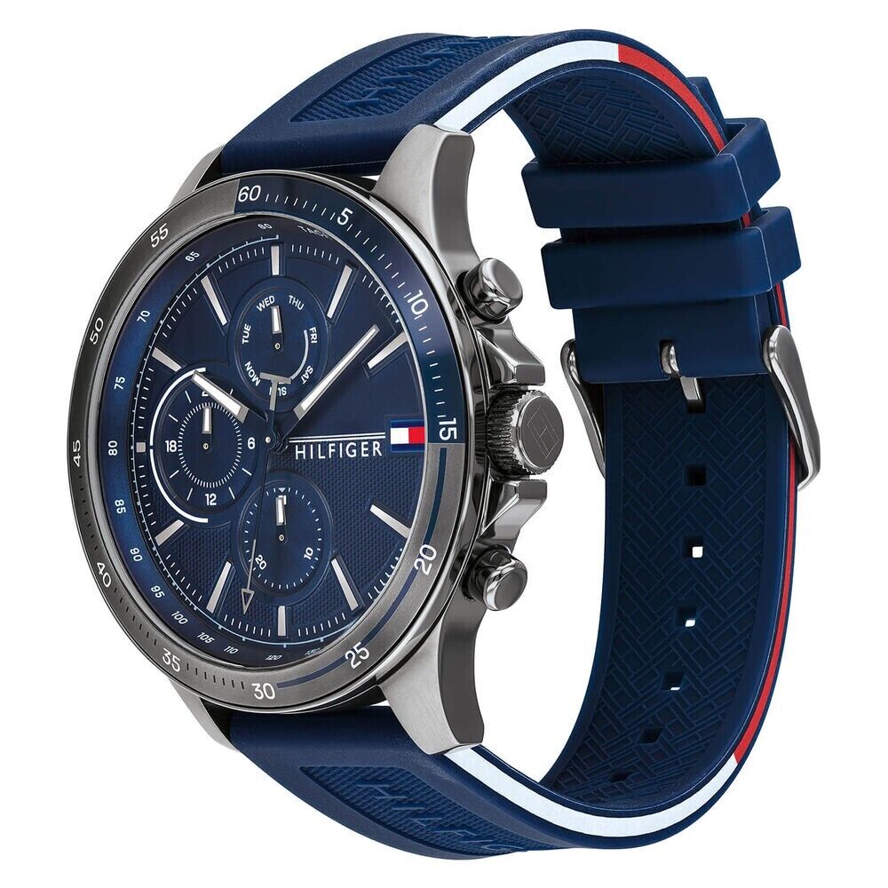 Tommy Hilfiger 1791721 watch side view showing blue rubber strap with red accent