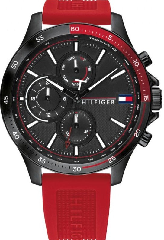 Tommy Hilfiger multifunction quartz watch with black dial and red rubber strap