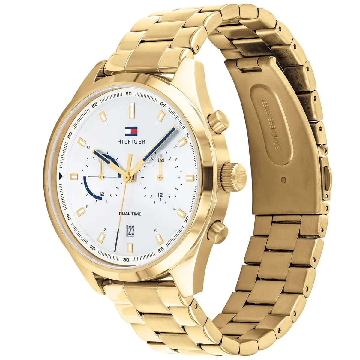 Tommy Hilfiger Bennett watch showing gold bracelet and angled case profile