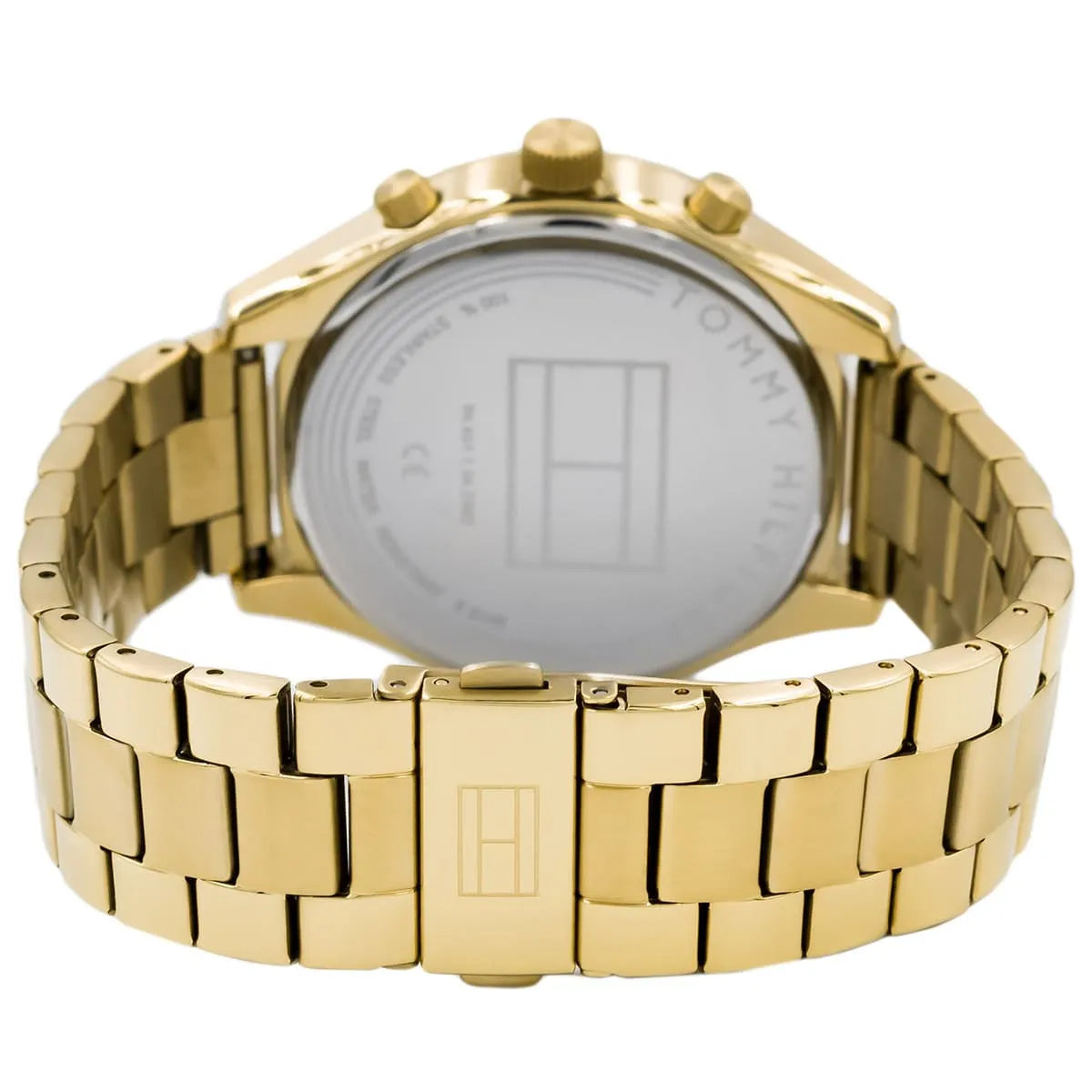 Tommy Hilfiger Bennett watch caseback showing gold stainless steel with logo