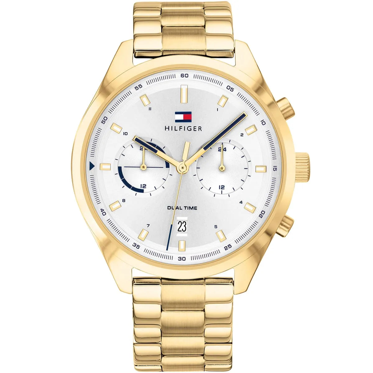 Tommy Hilfiger Bennett gold watch with silver dial and dual time subdials