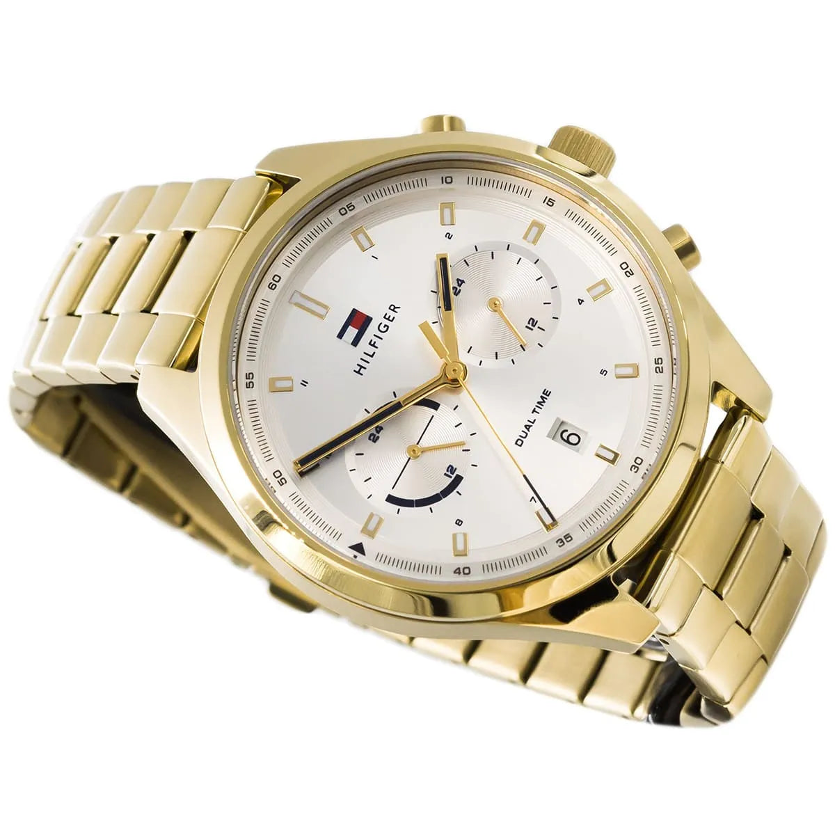 Tommy Hilfiger Bennett dual time watch displayed on wrist view