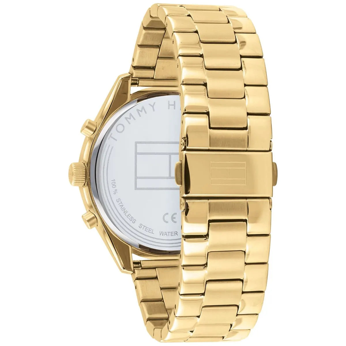 Tommy Hilfiger Bennett watch side profile with gold link bracelet