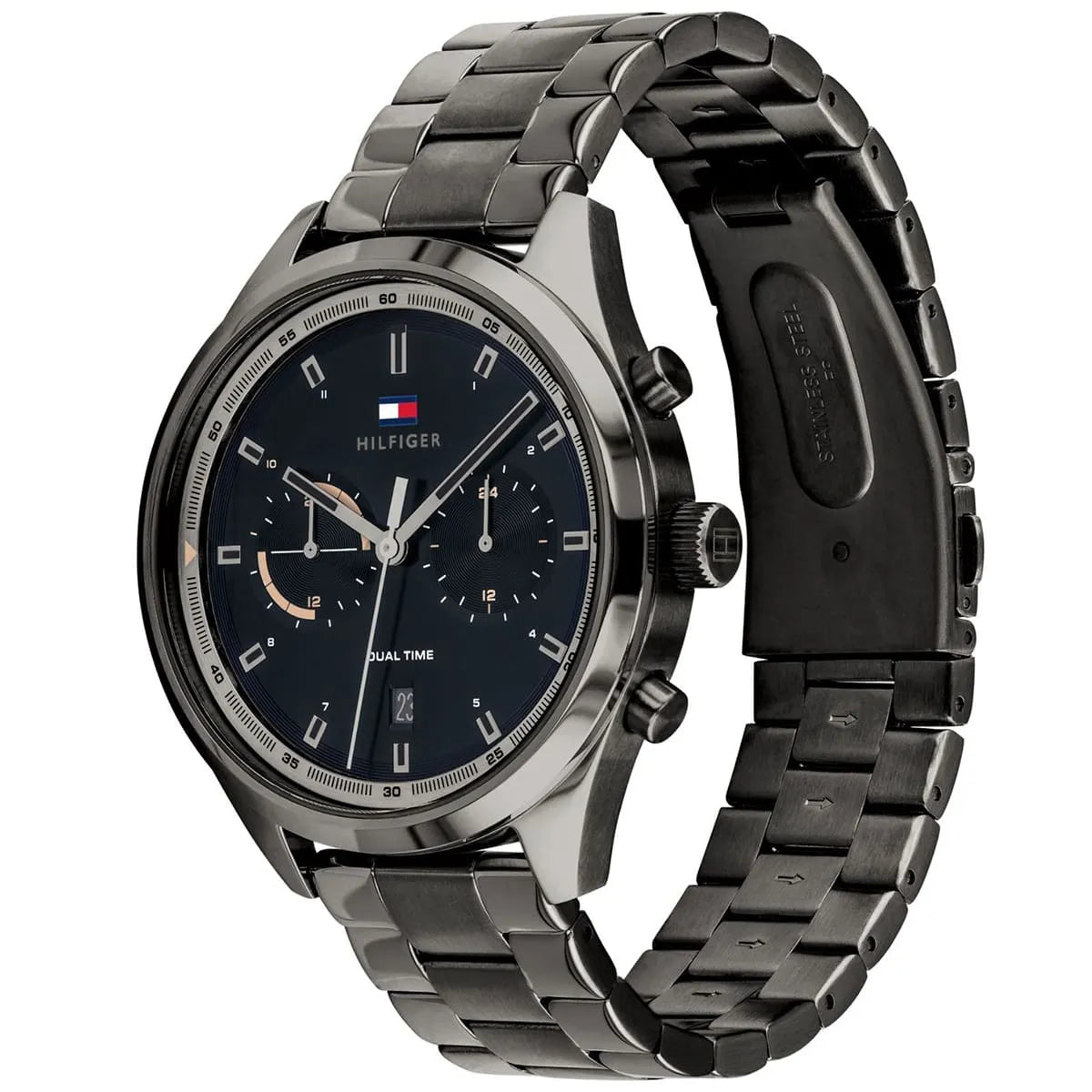 Tommy Hilfiger Bennett watch shown at angle with gunmetal stainless steel bracelet and chronograph subdials