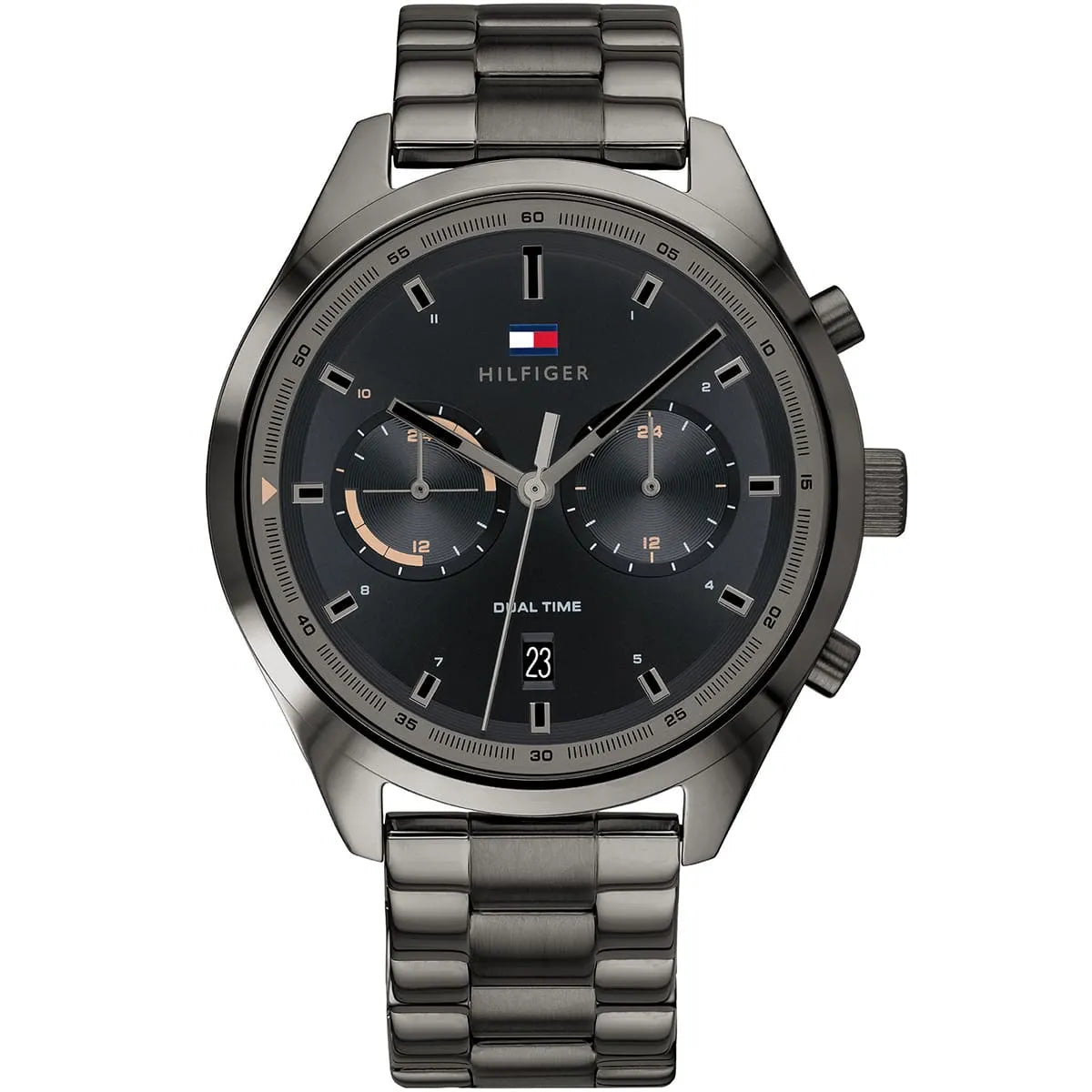Tommy Hilfiger Bennett men's watch with black dial, dual time chronograph, and gunmetal metal bracelet