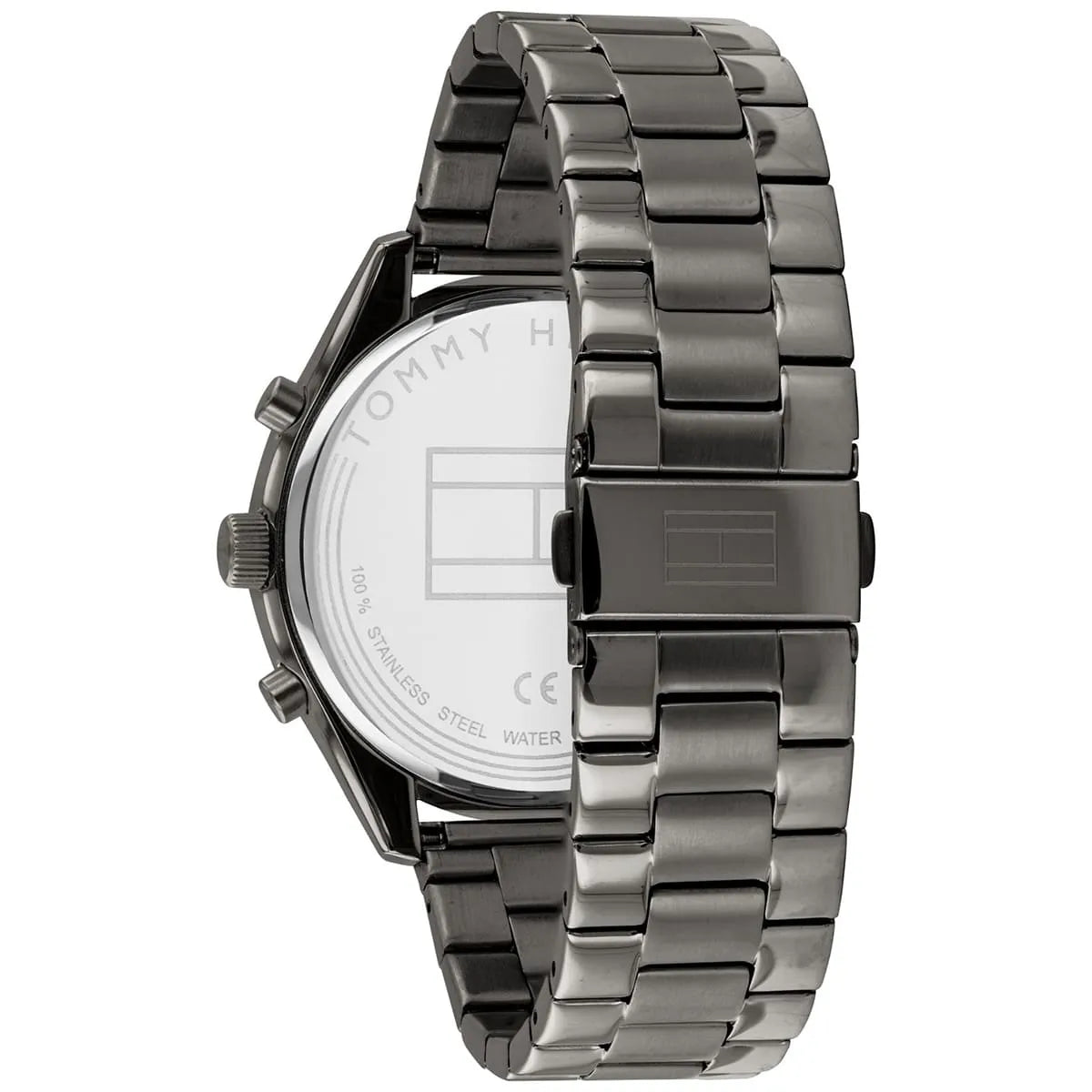 Tommy Hilfiger Bennett watch side view displaying gunmetal stainless steel bracelet links
