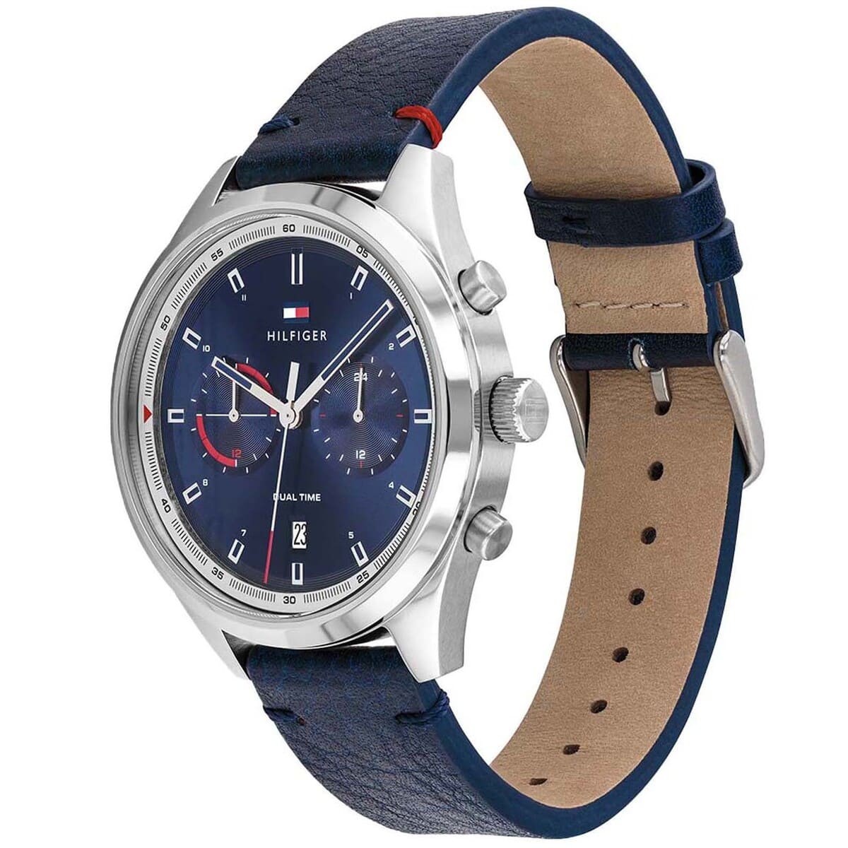 Tommy Hilfiger Bennett watch side view showing navy leather strap with tan suede lining