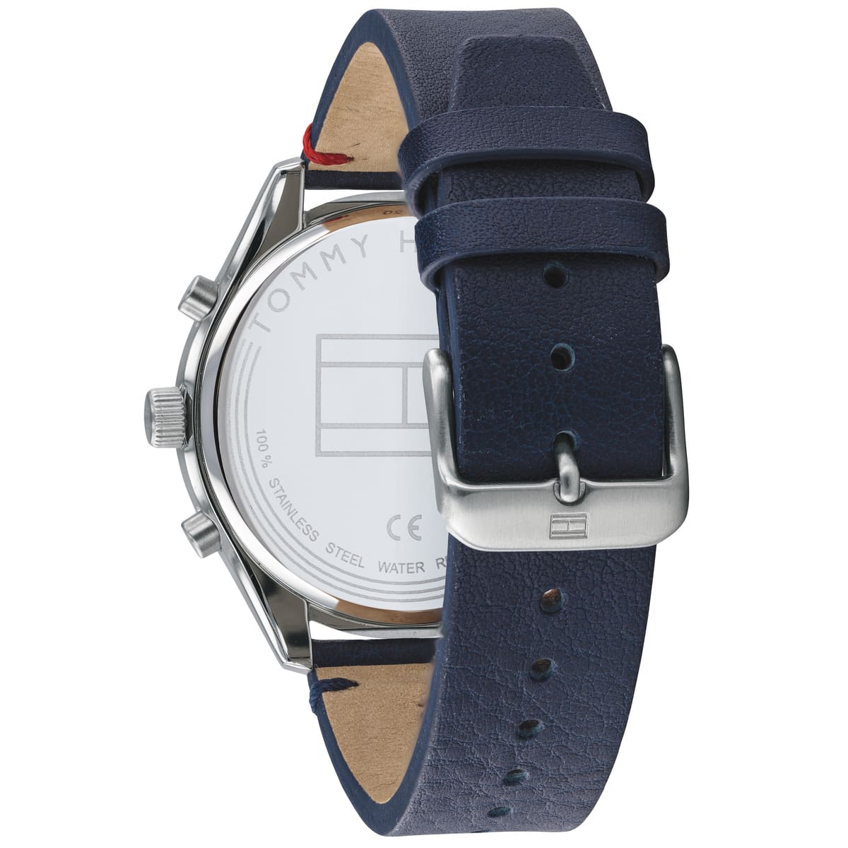 Tommy Hilfiger watch caseback displaying stainless steel with serial markings and navy leather strap