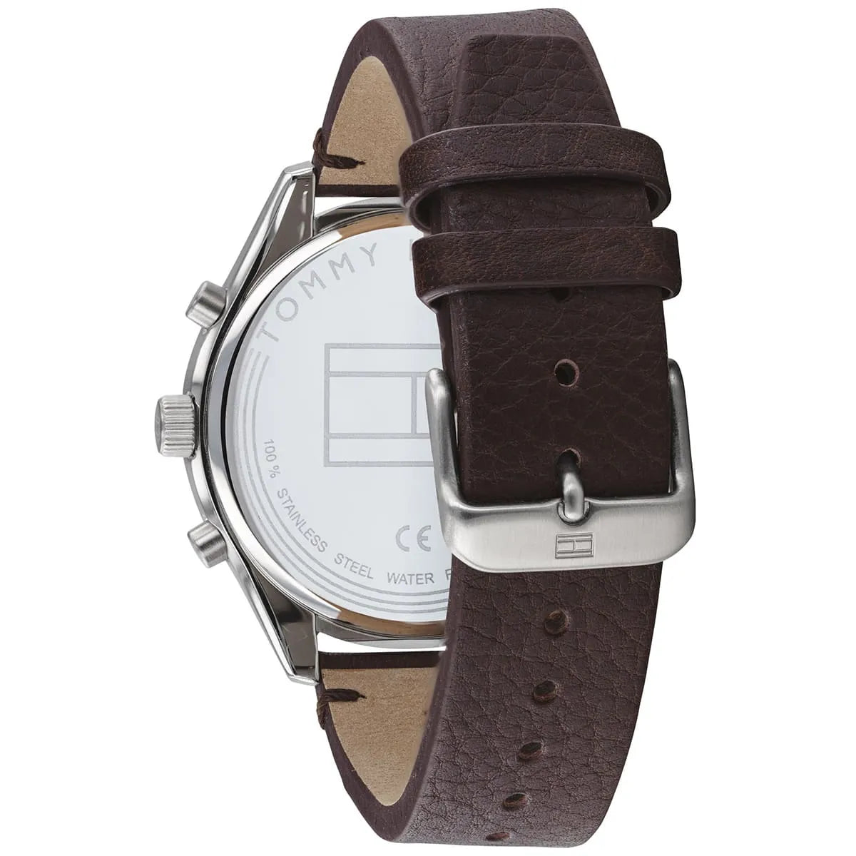 Tommy Hilfiger Bennett watch caseback showing stainless steel with dual time indication text