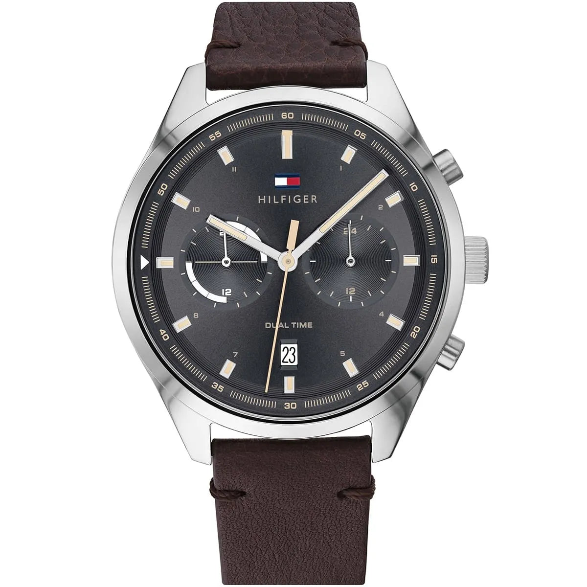 Tommy Hilfiger Bennett quartz watch with black dial, chronograph subdials, and brown leather strap