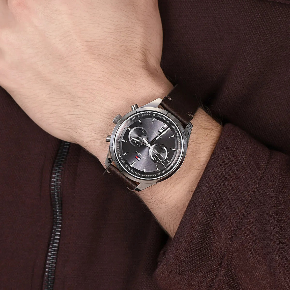 Tommy Hilfiger Bennett watch on wrist showing black dial and stainless steel case