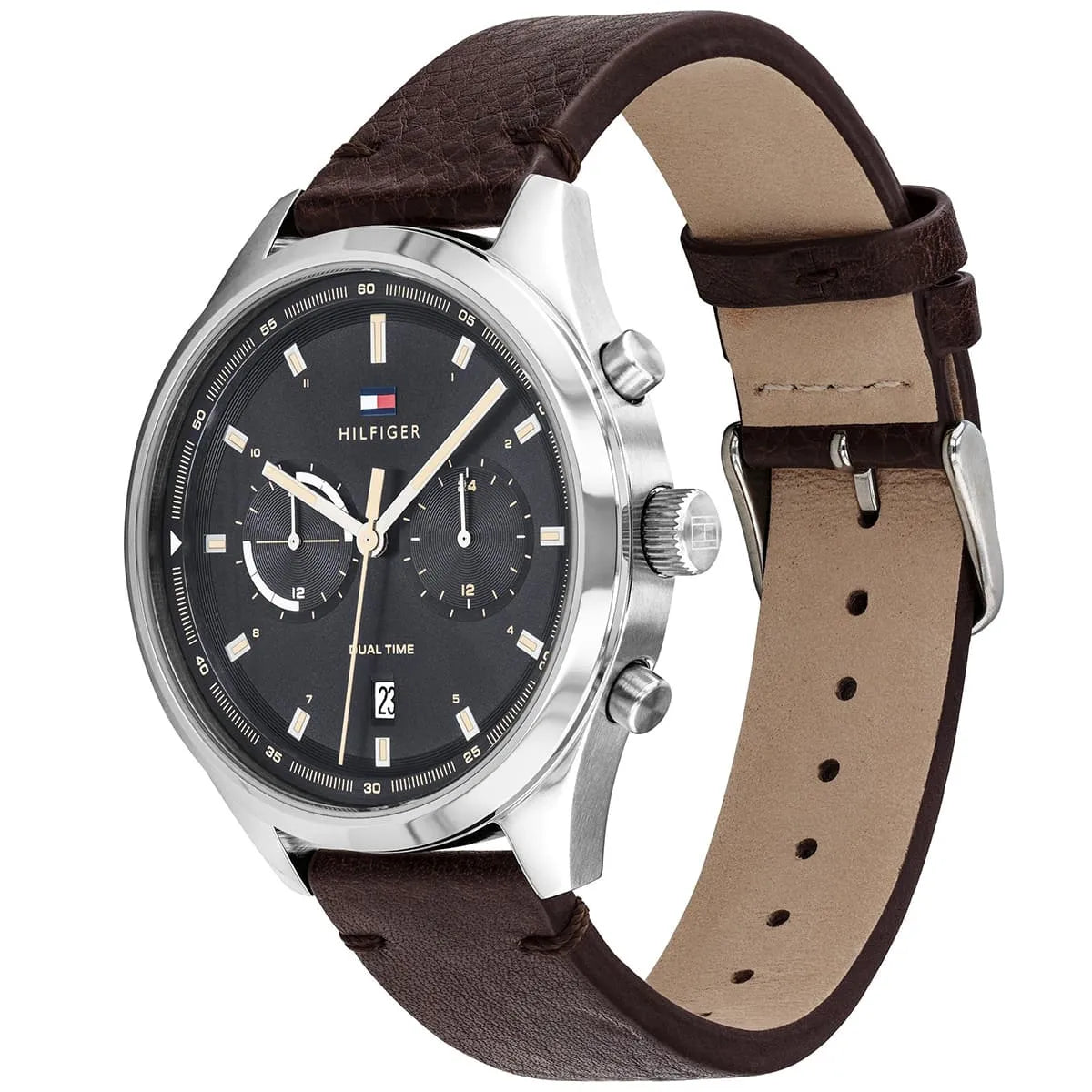 Tommy Hilfiger Bennett watch side view showing chronograph pushers and brown leather strap
