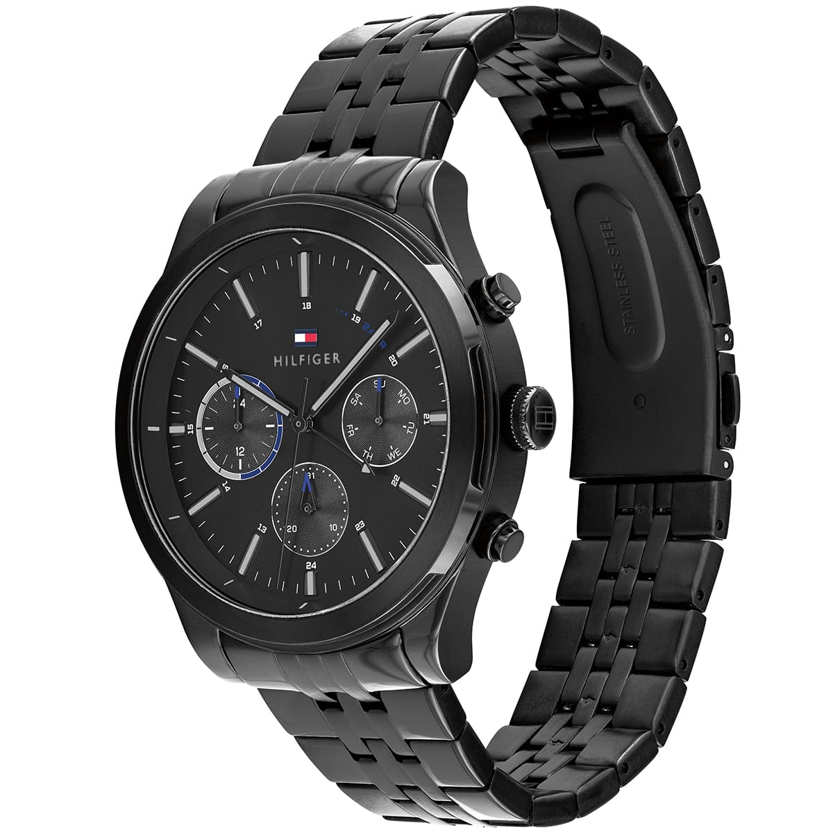 Tommy Hilfiger Ashton watch angled view showing black dial and metal strap