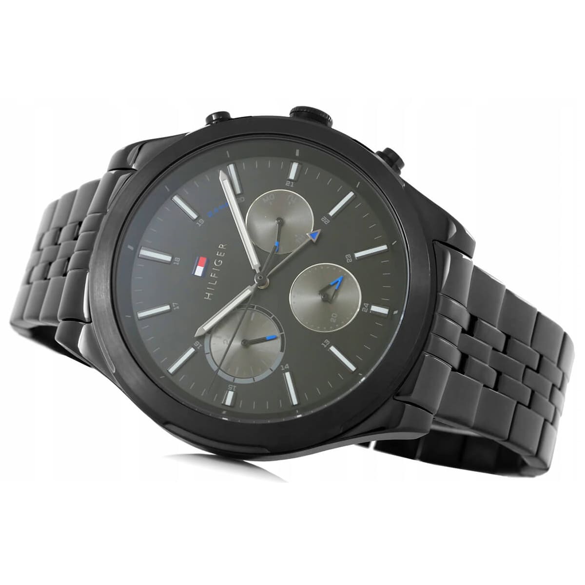 Tommy Hilfiger Ashton chronograph watch side view with black dial and metal bracelet