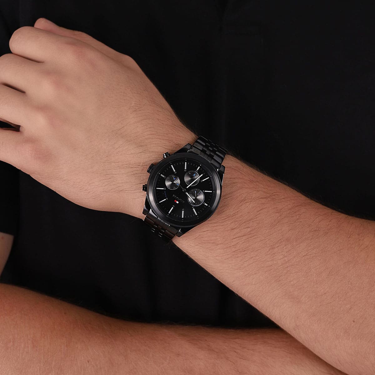 Tommy Hilfiger Ashton chronograph watch on wrist with black metal bracelet