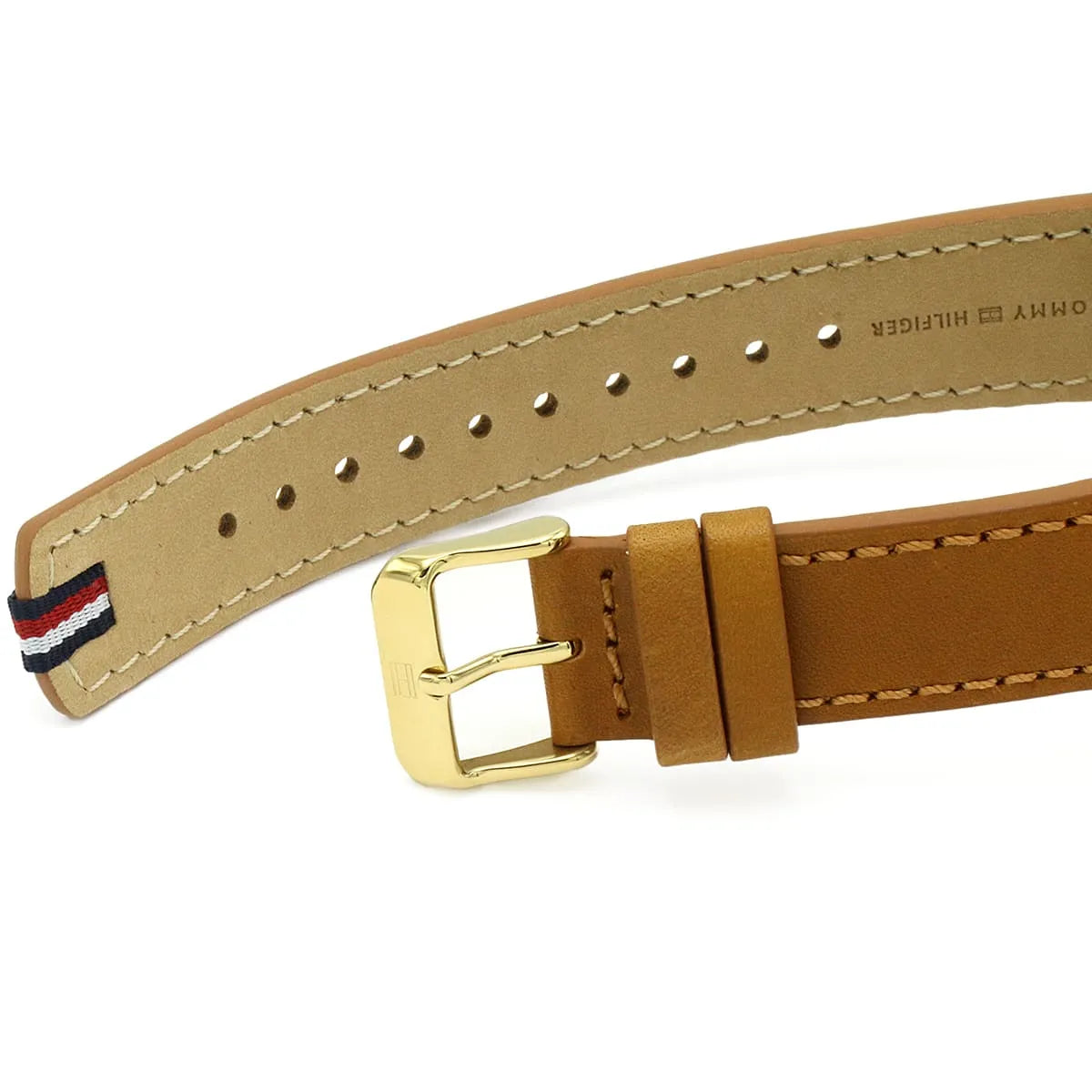 Brown leather strap detail with gold-tone buckle and Tommy Hilfiger branding