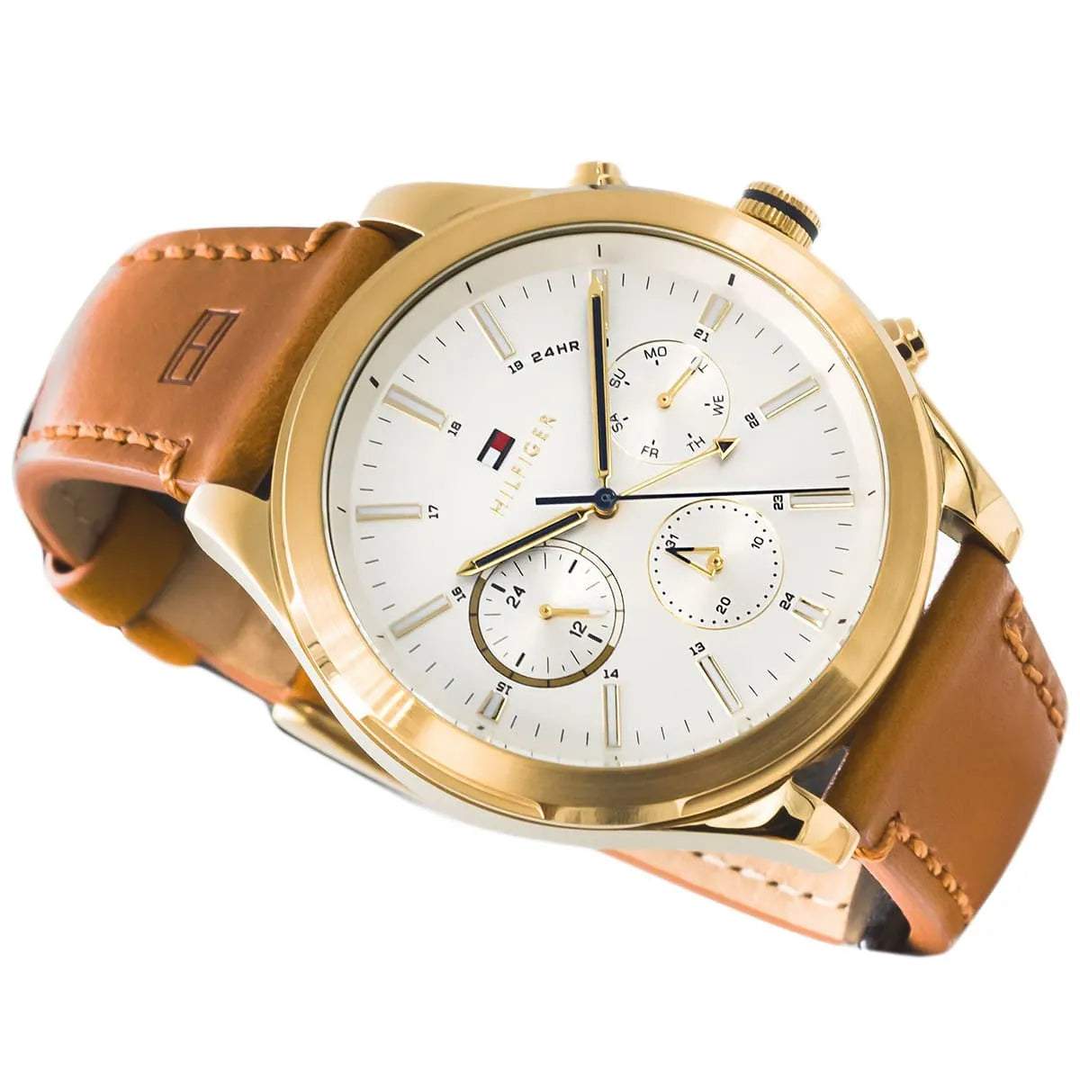 Close-up of Tommy Hilfiger multifunction dial showing chronograph subdials and silver-tone hands