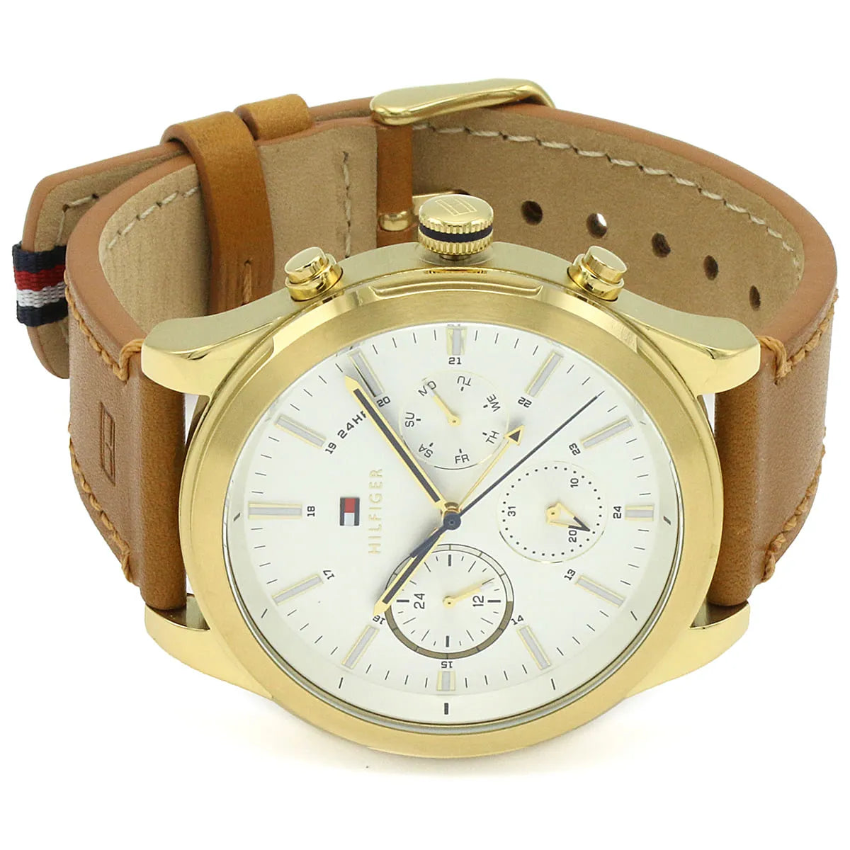 Tommy Hilfiger watch with strap laid flat showing multifunction chronograph dial and leather band