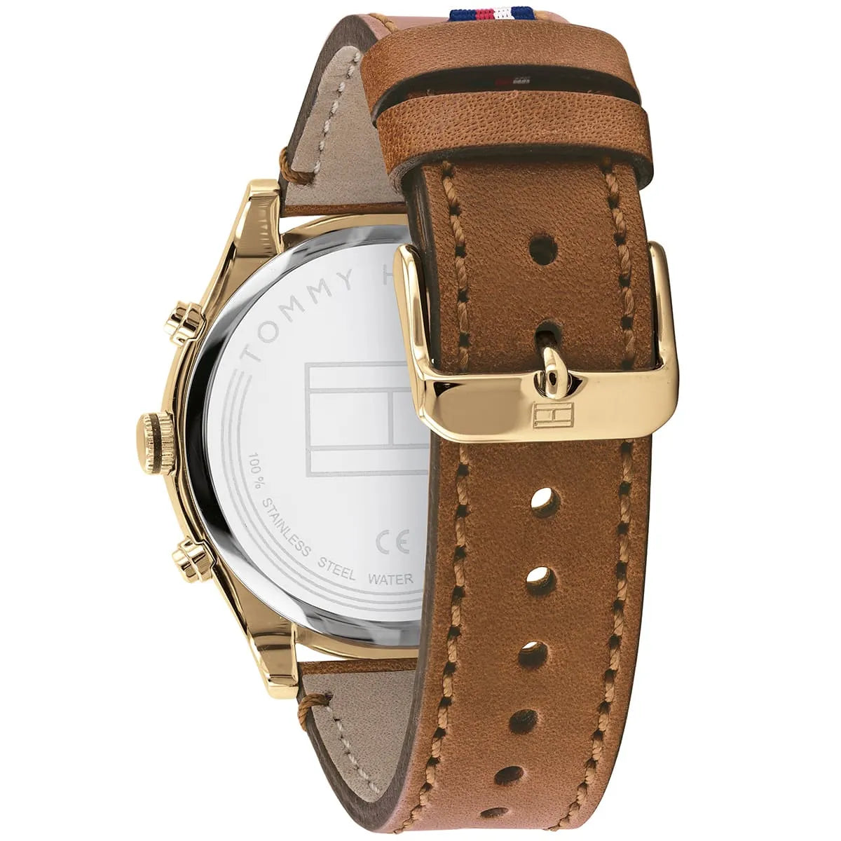 Side profile of Tommy Hilfiger watch case with brown leather strap and chronograph pushers