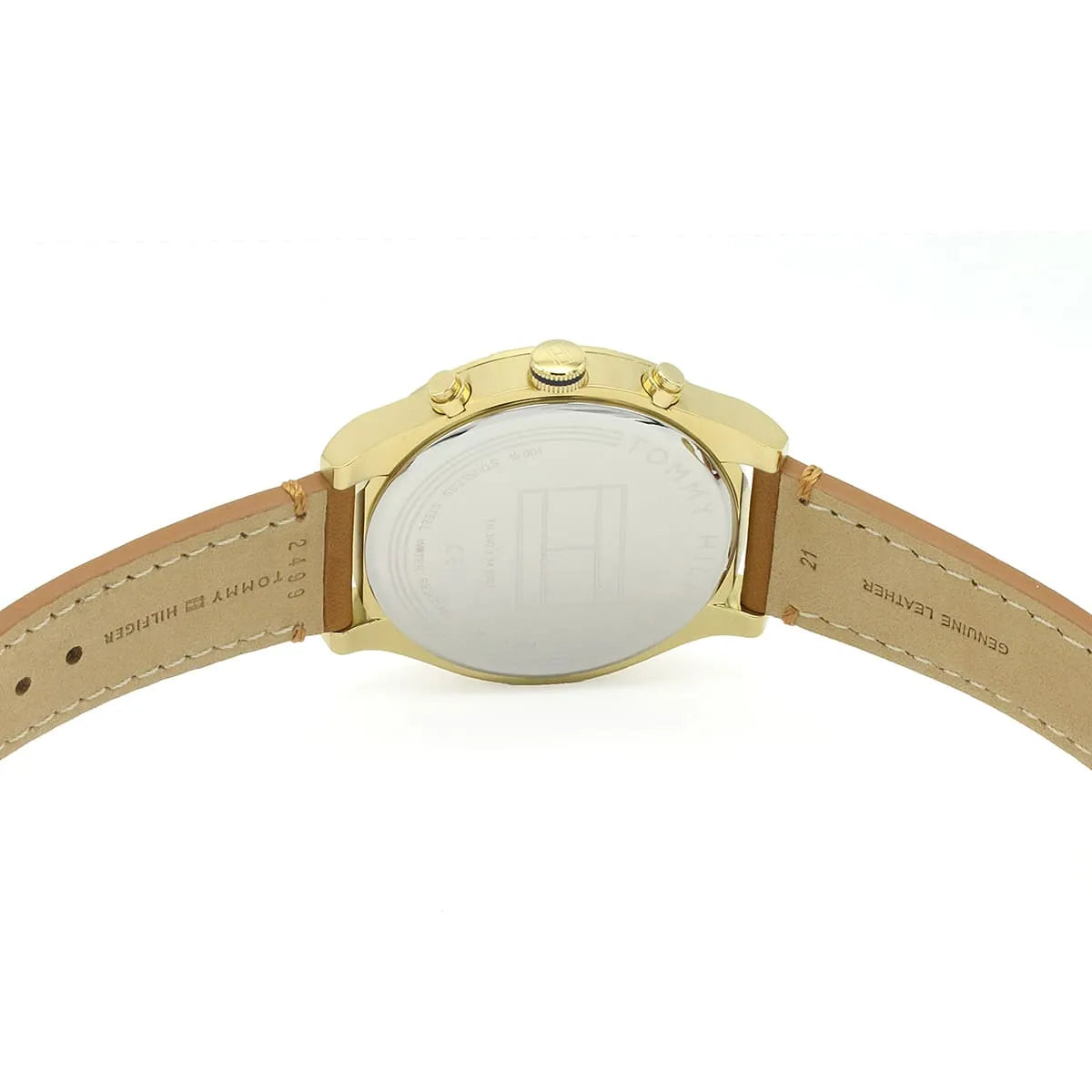 Caseback view showing Tommy Hilfiger watch case and engravings on transparent display