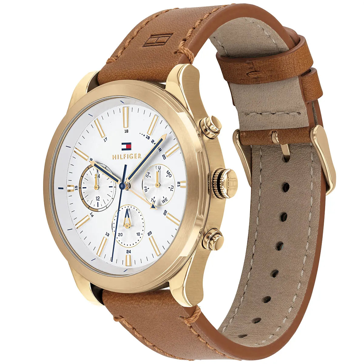 Side angle view of Tommy Hilfiger watch showing multifunction chronograph dial and brown leather strap