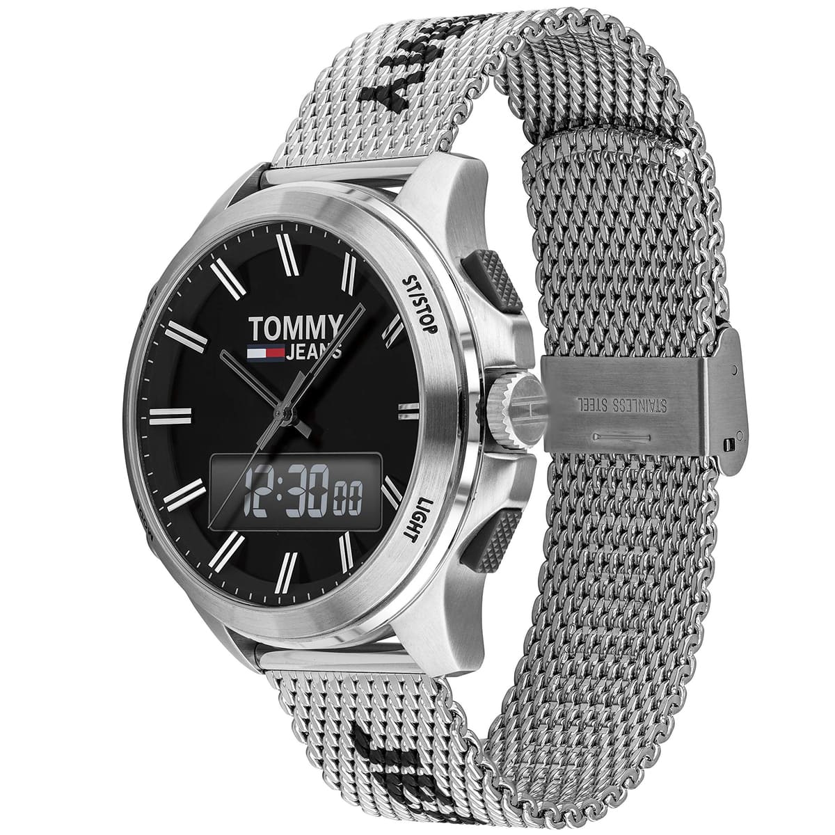 Tommy Hilfiger watch angled view showing black dial and silver mesh strap