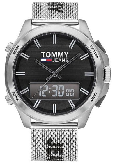 Tommy Hilfiger digital watch with black dial and silver mesh bracelet