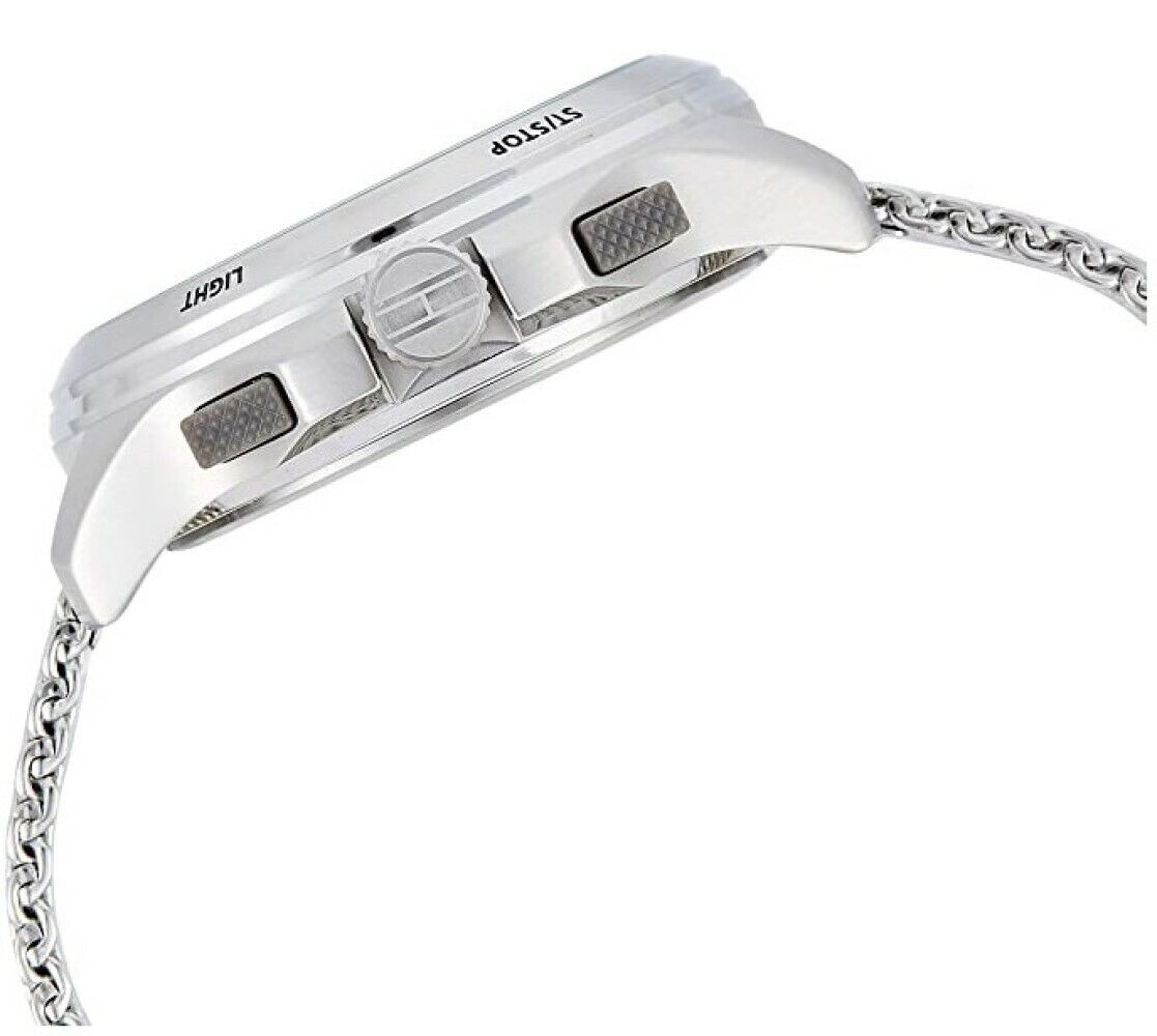 Tommy Hilfiger watch side profile showing stainless steel case and mesh band