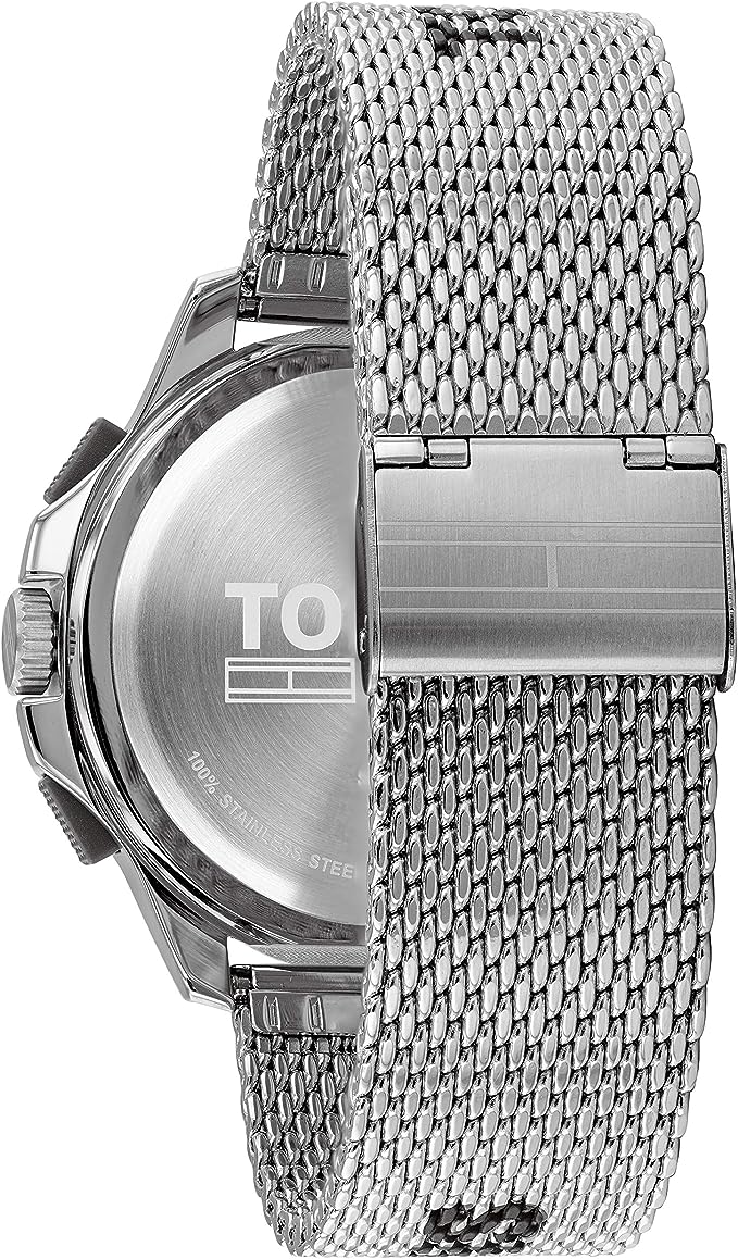 Tommy Hilfiger watch back and strap showing silver mesh bracelet detail