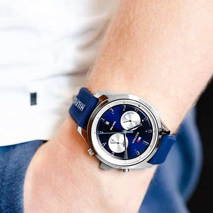 Tommy Hilfiger Bennett blue dial chronograph worn on wrist showing dual time display