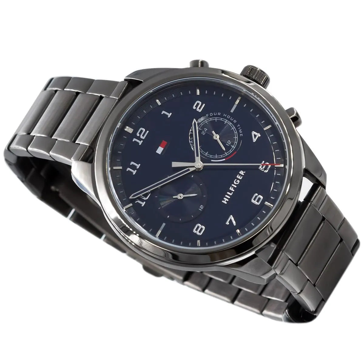 Tommy Hilfiger Patrick chronograph watch with blue dial viewed from angled perspective