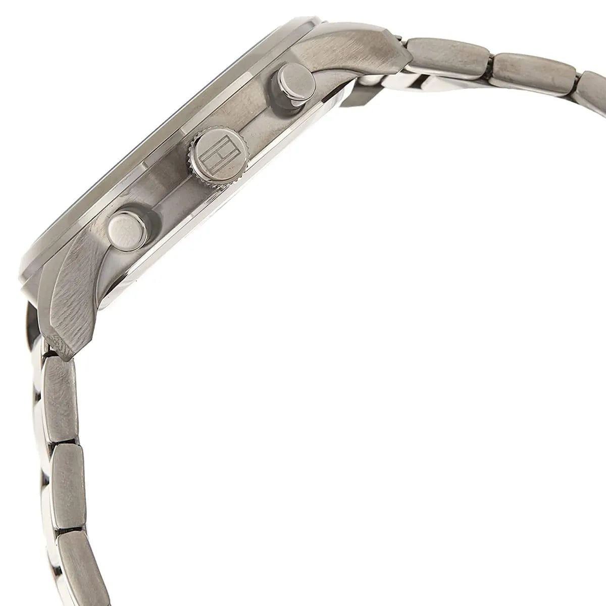 Tommy Hilfiger Patrick watch side view displaying chronograph pushers and case profile