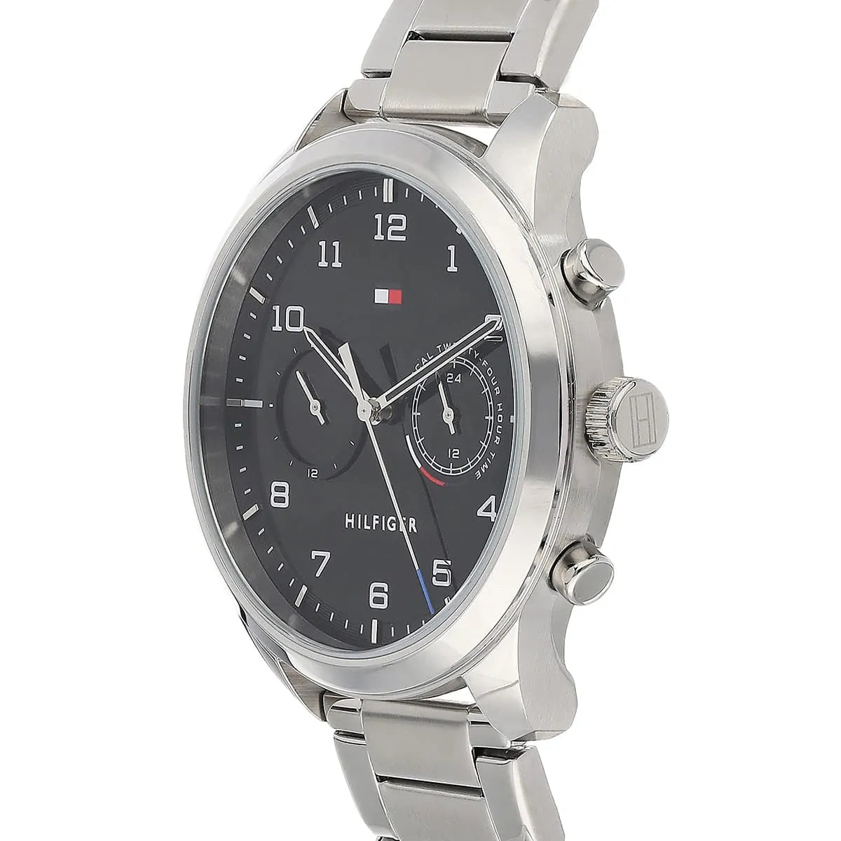 Tommy Hilfiger Patrick watch angled view displaying dial with dual time subdials and crown